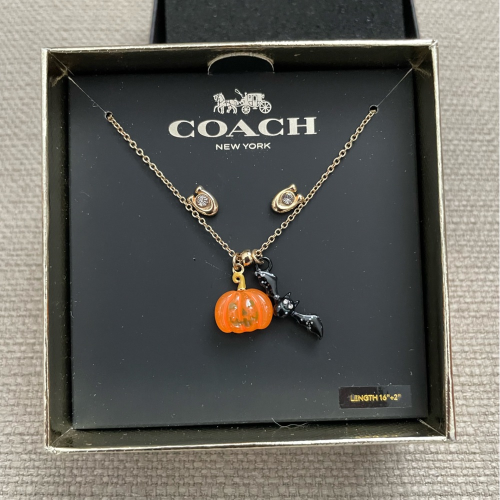 Coach Halloween Pumpkin And Bat Pendant Necklace Set